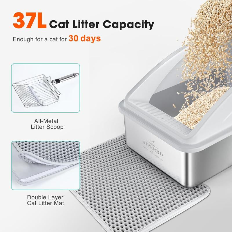 AIPERRO Enclosed Stainless Steel Cat Litter Box with Lid,High Side Cats Toilet Metal Kitten Litter Pan, Pet Cleaning Tool for Big and Small Cats, Rabbits, Splash-Proof and Non-Stick Anti-Urine Leakage Cat Poop Box Odorless, Outdoorfun