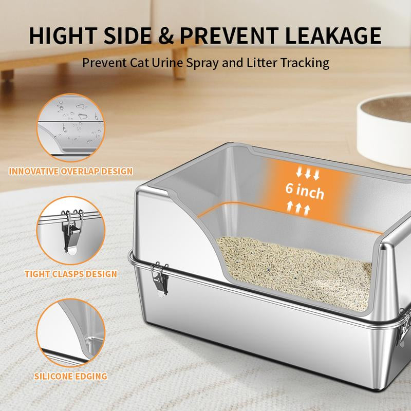 Aothey XL Semi Enclosed Stainless Steel Cat Litter Box with Lid and Scoop,Extra Large,High Sided Design,Odor Control,Easy Cleaning