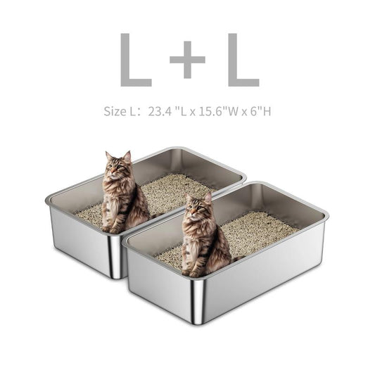 2 Pcs Odor Free Stainless Steel Cat Litter Box with 6“ High Wall Side Easy Clean Long Lasting Durable Modern Cat Toilet Cat Litter Basin Pet Supplies