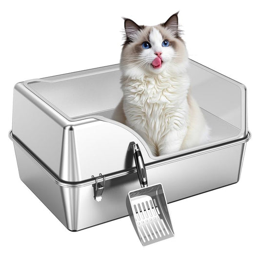 Aothey XL Semi Enclosed Stainless Steel Cat Litter Box with Lid and Scoop,Extra Large,High Sided Design,Odor Control,Easy Cleaning