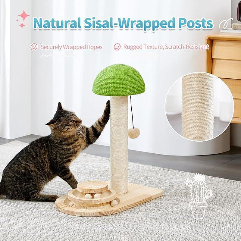 Made4Pets Cat Scratching Post, Mushroom Cat Scratcher with Sisal Ropes, Interactive Track Ball Toy, 2-In-1 Wood Scratch Cattree