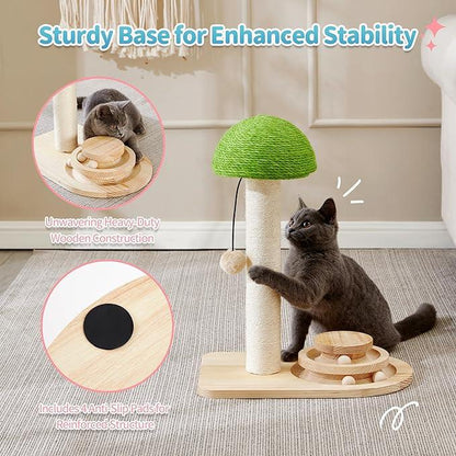 Made4Pets Cat Scratching Post, Mushroom Cat Scratcher with Sisal Ropes, Interactive Track Ball Toy, 2-In-1 Wood Scratch Cattree