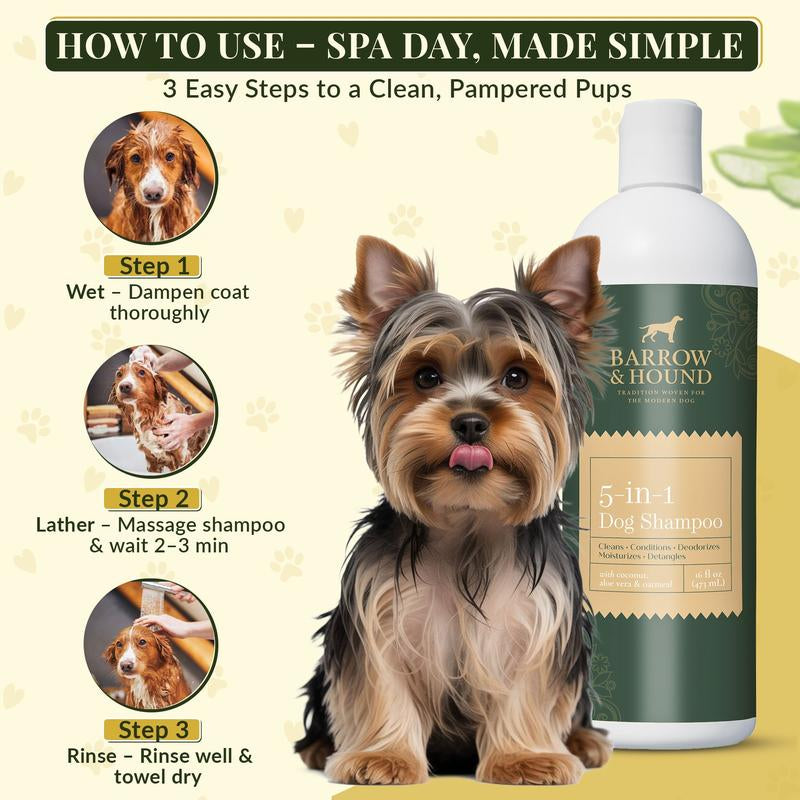 5-In-1 Dog Shampoo – Cleans, Conditions, Deodorizes, Moisturizes & Detangles – with Coconut, Oatmeal & Aloe – for Sensitive Skin – 16 Fl Oz