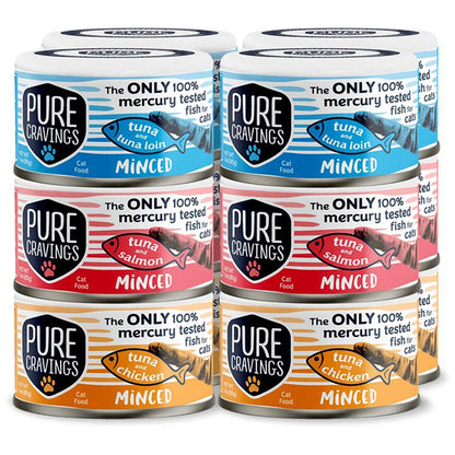 Pure Cravings Minced Tuna Wet Canned Cat Food, 100% Mercury-Tested, Moist Can Fish for Cats, Grain-Free, Protein, Non-Gmo, Variety Pack, 3Oz, 12-Pack