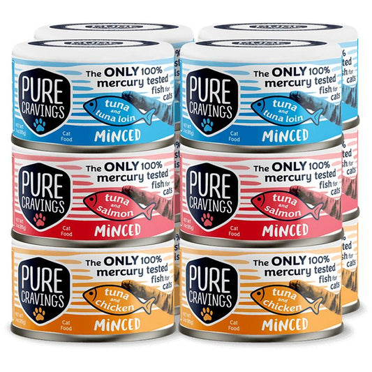 Pure Cravings Minced Tuna Wet Canned Cat Food, 100% Mercury-Tested, Moist Can Fish for Cats, Grain-Free, Protein, Non-Gmo, Variety Pack, 3Oz, 12-Pack