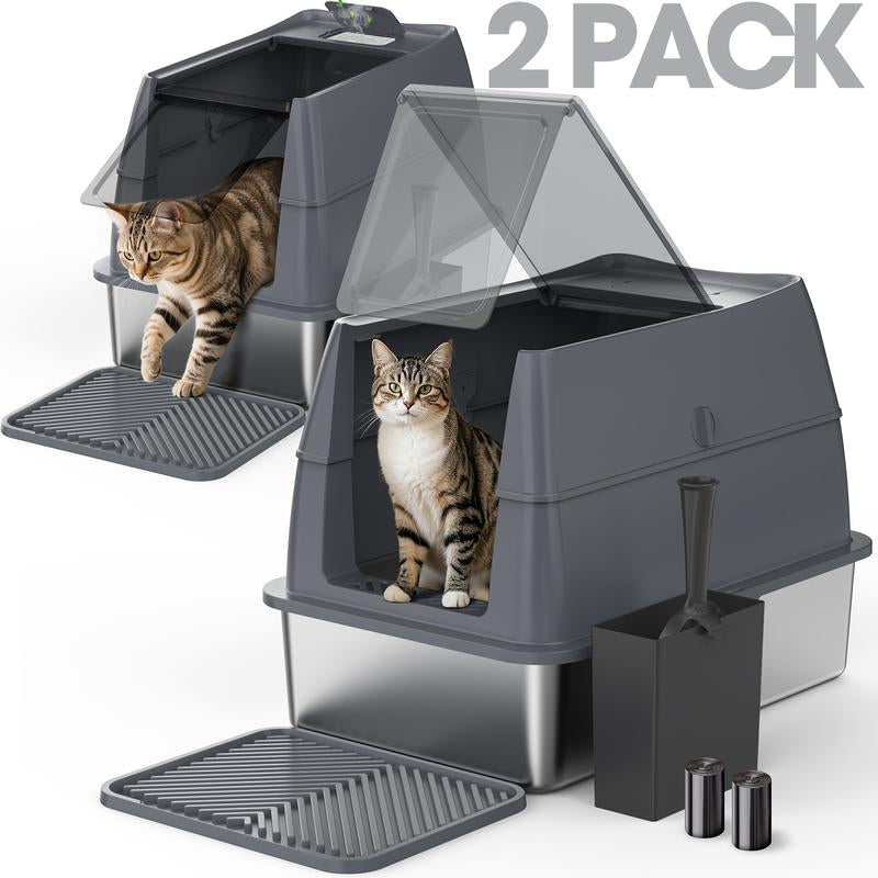 AIPERRO Enclosed Stainless Steel Cat Litter Box with Lid,High Side Cats Toilet Metal Kitten Litter Pan, Pet Cleaning Tool for Big and Small Cats, Rabbits, Splash-Proof and Non-Stick Anti-Urine Leakage Cat Poop Box Odorless, Outdoorfun