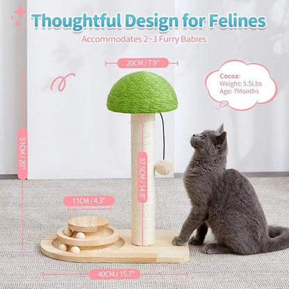 Made4Pets Cat Scratching Post, Mushroom Cat Scratcher with Sisal Ropes, Interactive Track Ball Toy, 2-In-1 Wood Scratch Cattree