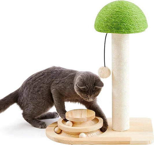 Made4Pets Cat Scratching Post, Mushroom Cat Scratcher with Sisal Ropes, Interactive Track Ball Toy, 2-In-1 Wood Scratch Cattree
