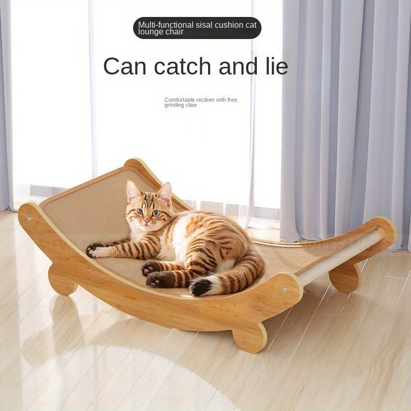 Cat Lounger - Linen with Scratching Surface, Durable Wooden Cat Scratching Post, All Seasons Pet Lounger with Furniture Protection