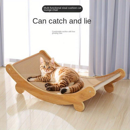 Cat Lounger - Linen with Scratching Surface, Durable Wooden Cat Scratching Post, All Seasons Pet Lounger with Furniture Protection