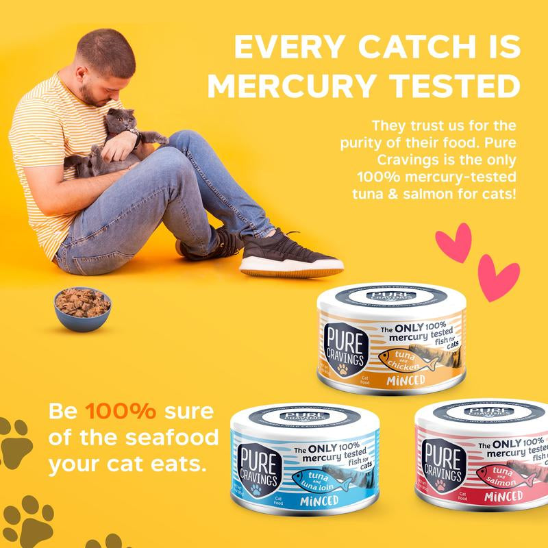 Pure Cravings Minced Tuna Wet Canned Cat Food, 100% Mercury-Tested, Moist Can Fish for Cats, Grain-Free, Protein, Non-Gmo, Variety Pack, 3Oz, 12-Pack