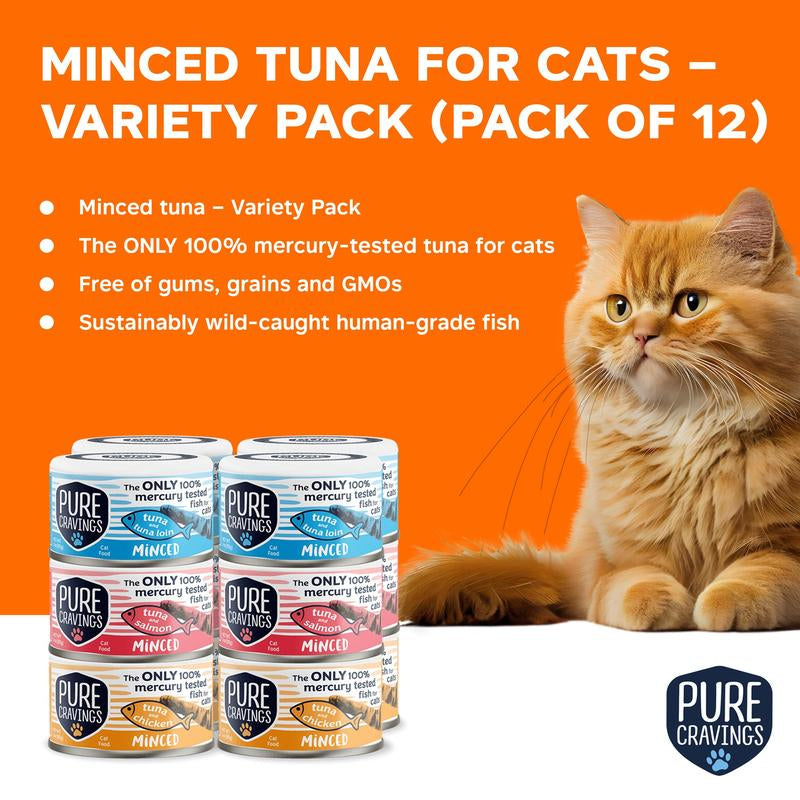 Pure Cravings Minced Tuna Wet Canned Cat Food, 100% Mercury-Tested, Moist Can Fish for Cats, Grain-Free, Protein, Non-Gmo, Variety Pack, 3Oz, 12-Pack