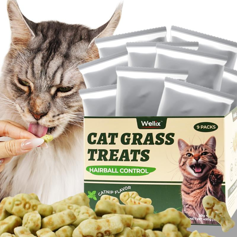 450G/16Oz Cat Grass Treats,Crunchy Cat Treats 9 Packs (50G Each),Natural Cat Grass Sticks &Cat Grass Teeth Cleaning Treats for Cat Training Rewards