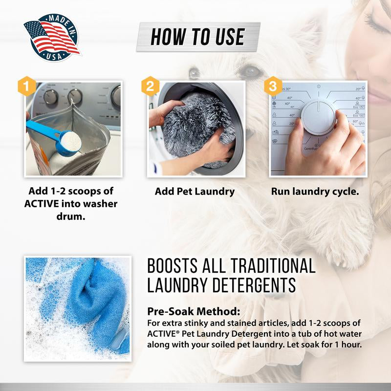 Pet Laundry Detergent Odor Remover - ACTIVE Enzyme Based Powder Detergent for Dogs Beds, Cat Pee, HE Washer Friendly Natural Enzymatic Deodorizer, Urine, Smell, Dog Drool, Stain Eliminator - 64 Loads