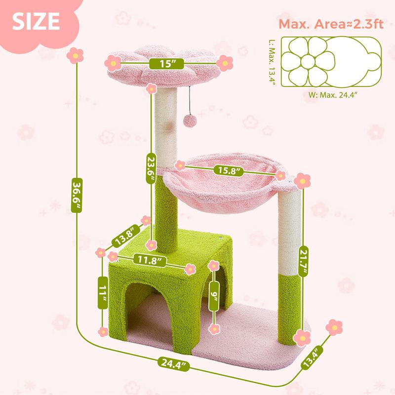 Flower Cat Tree with Large Metal Frame | Cute Cat Tower with Pink Perch & Sisal Scratching Posts | Ideal for Small Indoor Cats