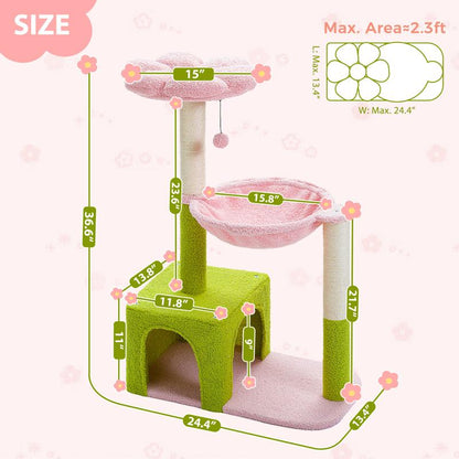 Flower Cat Tree with Large Metal Frame | Cute Cat Tower with Pink Perch & Sisal Scratching Posts | Ideal for Small Indoor Cats