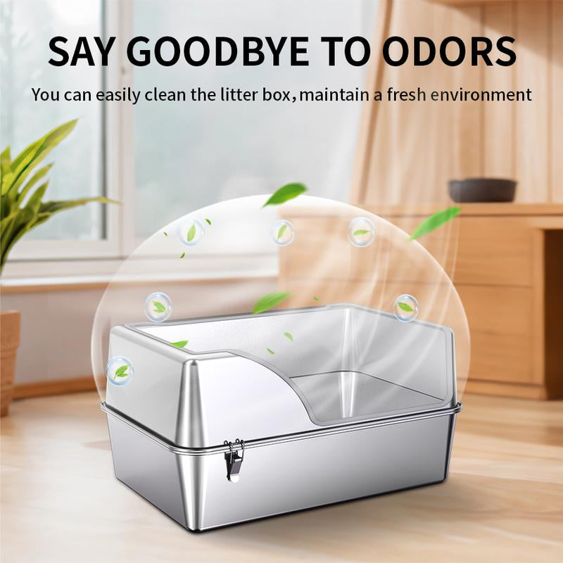 Aothey XL Semi Enclosed Stainless Steel Cat Litter Box with Lid and Scoop,Extra Large,High Sided Design,Odor Control,Easy Cleaning