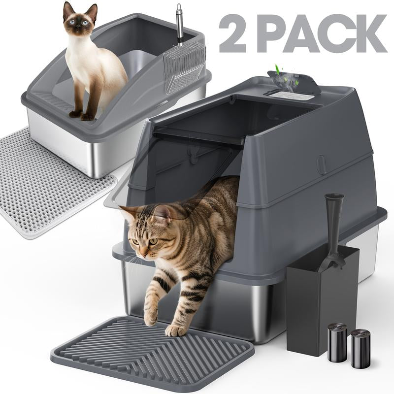 AIPERRO Enclosed Stainless Steel Cat Litter Box with Lid,High Side Cats Toilet Metal Kitten Litter Pan, Pet Cleaning Tool for Big and Small Cats, Rabbits, Splash-Proof and Non-Stick Anti-Urine Leakage Cat Poop Box Odorless, Outdoorfun