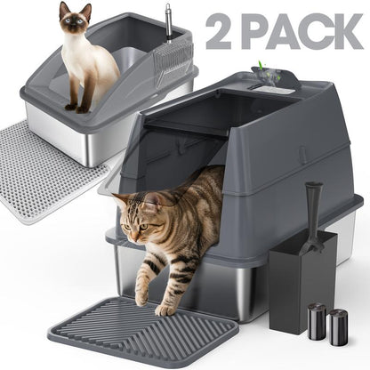AIPERRO Enclosed Stainless Steel Cat Litter Box with Lid,High Side Cats Toilet Metal Kitten Litter Pan, Pet Cleaning Tool for Big and Small Cats, Rabbits, Splash-Proof and Non-Stick Anti-Urine Leakage Cat Poop Box Odorless, Outdoorfun