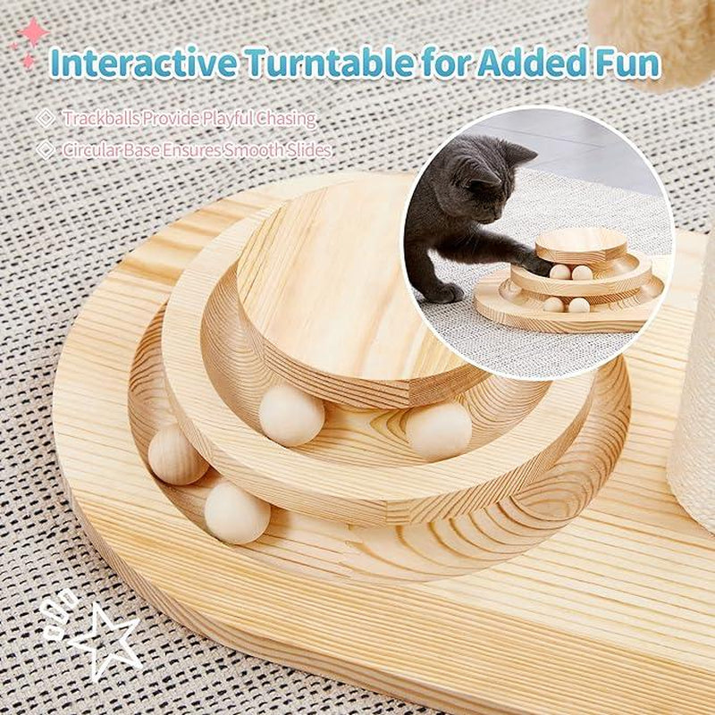 Made4Pets Cat Scratching Post, Mushroom Cat Scratcher with Sisal Ropes, Interactive Track Ball Toy, 2-In-1 Wood Scratch Cattree