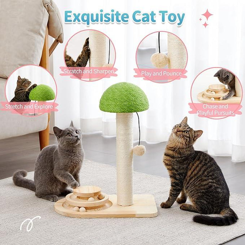 Made4Pets Cat Scratching Post, Mushroom Cat Scratcher with Sisal Ropes, Interactive Track Ball Toy, 2-In-1 Wood Scratch Cattree