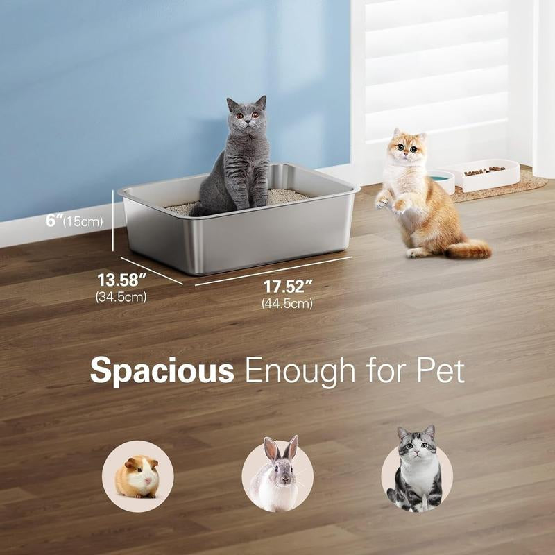 2 Pcs Odor Free Stainless Steel Cat Litter Box with 6“ High Wall Side Easy Clean Long Lasting Durable Modern Cat Toilet Cat Litter Basin Pet Supplies