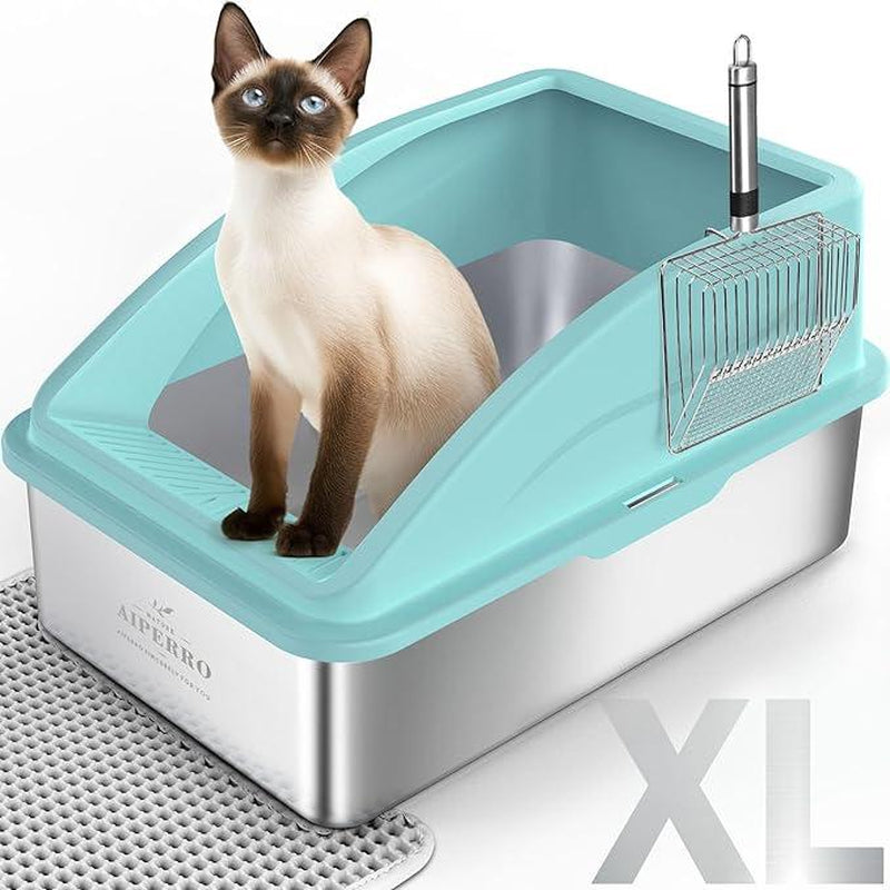 AIPERRO Enclosed Stainless Steel Cat Litter Box with Lid,High Side Cats Toilet Metal Kitten Litter Pan, Pet Cleaning Tool for Big and Small Cats, Rabbits, Splash-Proof and Non-Stick Anti-Urine Leakage Cat Poop Box Odorless, Outdoorfun