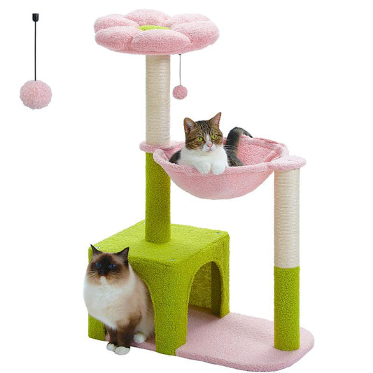 Flower Cat Tree with Large Metal Frame | Cute Cat Tower with Pink Perch & Sisal Scratching Posts | Ideal for Small Indoor Cats