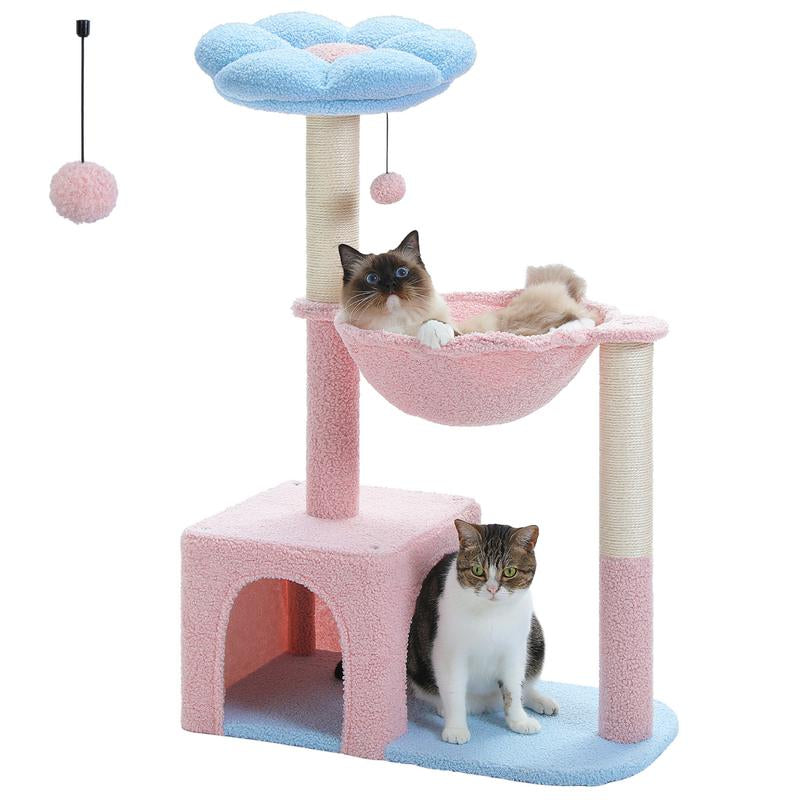Flower Cat Tree with Large Metal Frame | Cute Cat Tower with Pink Perch & Sisal Scratching Posts | Ideal for Small Indoor Cats
