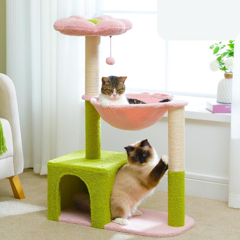 Flower Cat Tree with Large Metal Frame | Cute Cat Tower with Pink Perch & Sisal Scratching Posts | Ideal for Small Indoor Cats