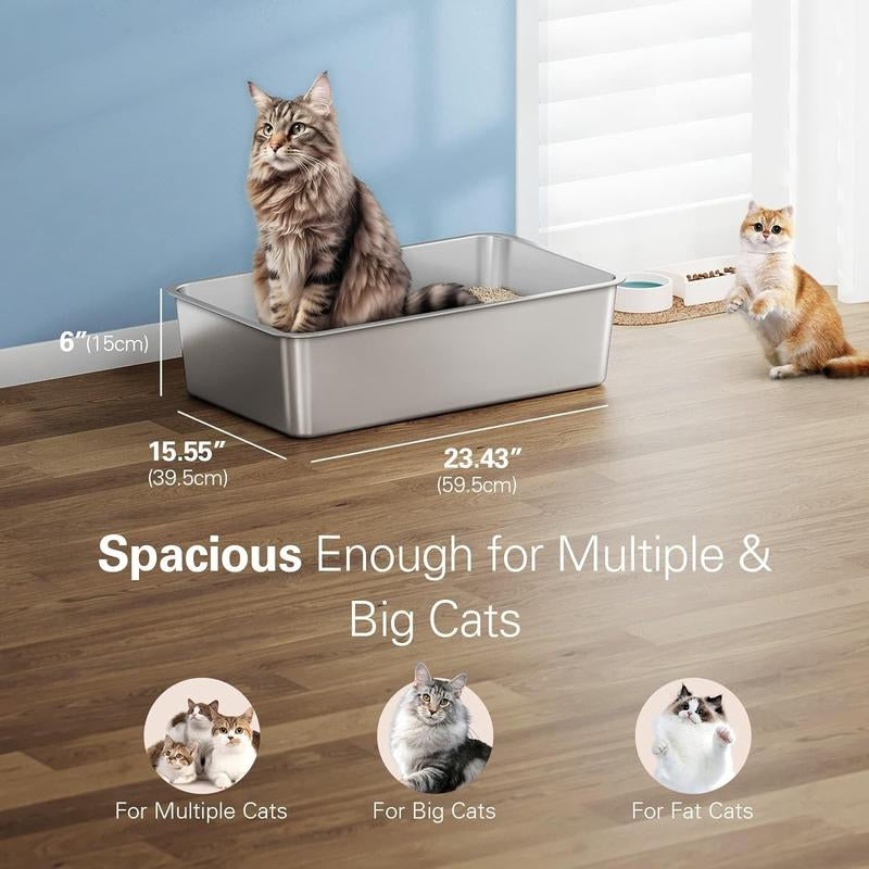 2 Pcs Odor Free Stainless Steel Cat Litter Box with 6“ High Wall Side Easy Clean Long Lasting Durable Modern Cat Toilet Cat Litter Basin Pet Supplies