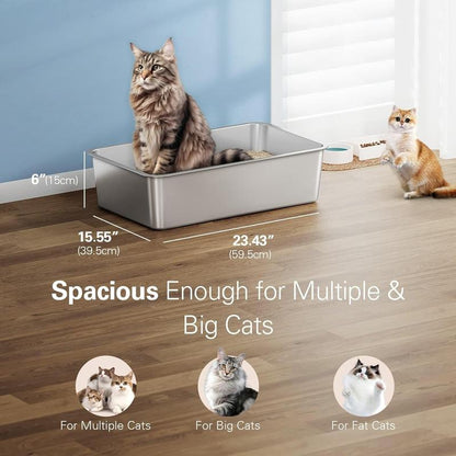 2 Pcs Odor Free Stainless Steel Cat Litter Box with 6“ High Wall Side Easy Clean Long Lasting Durable Modern Cat Toilet Cat Litter Basin Pet Supplies