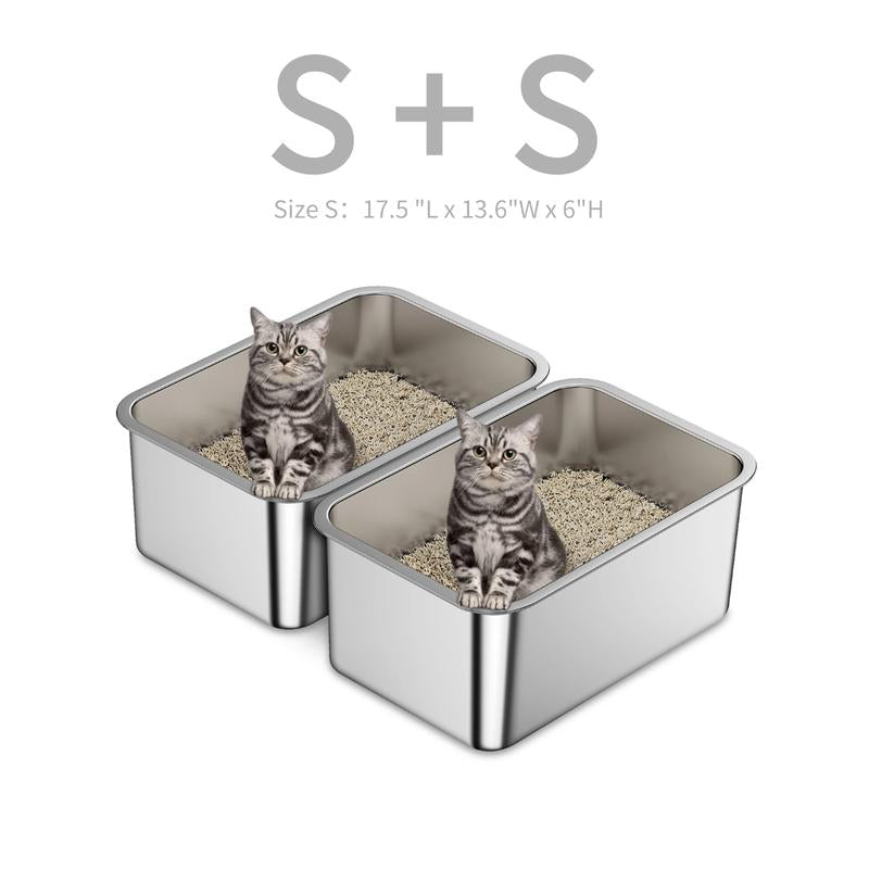 2 Pcs Odor Free Stainless Steel Cat Litter Box with 6“ High Wall Side Easy Clean Long Lasting Durable Modern Cat Toilet Cat Litter Basin Pet Supplies