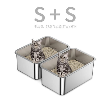 2 Pcs Odor Free Stainless Steel Cat Litter Box with 6“ High Wall Side Easy Clean Long Lasting Durable Modern Cat Toilet Cat Litter Basin Pet Supplies