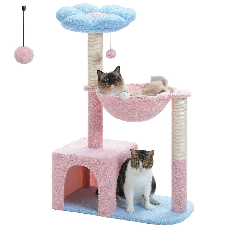 Flower Cat Tree with Large Metal Frame | Cute Cat Tower with Pink Perch & Sisal Scratching Posts | Ideal for Small Indoor Cats