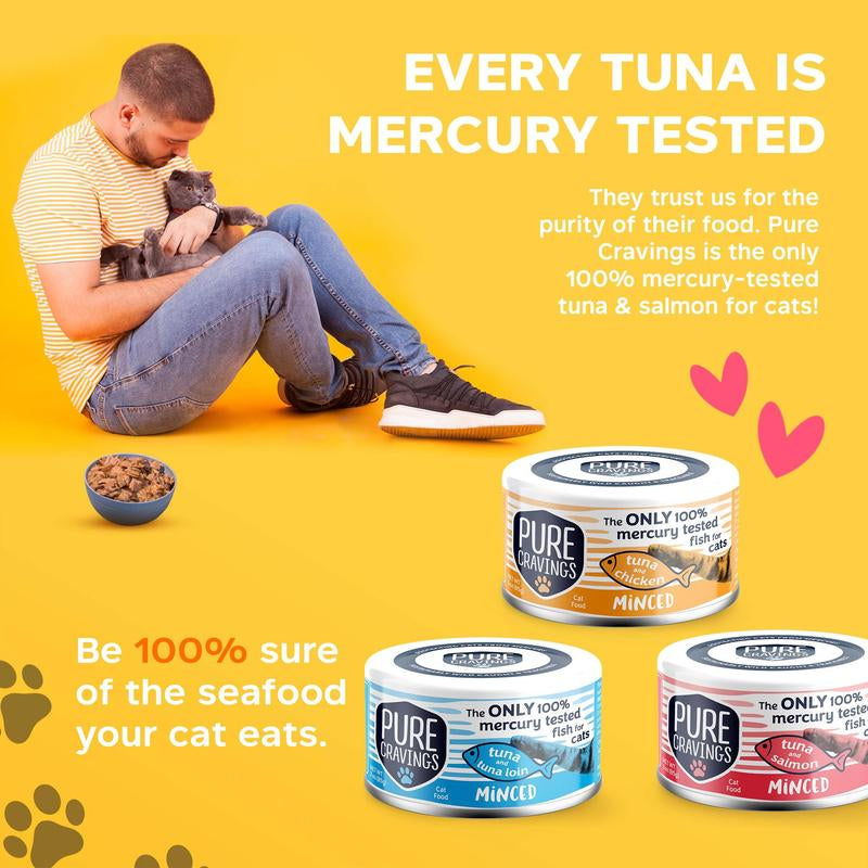 Pure Cravings Minced Tuna Wet Canned Cat Food, 100% Mercury-Tested, Moist Can Fish for Cats, Grain-Free, Protein, Non-Gmo, Variety Pack, 3Oz, 12-Pack