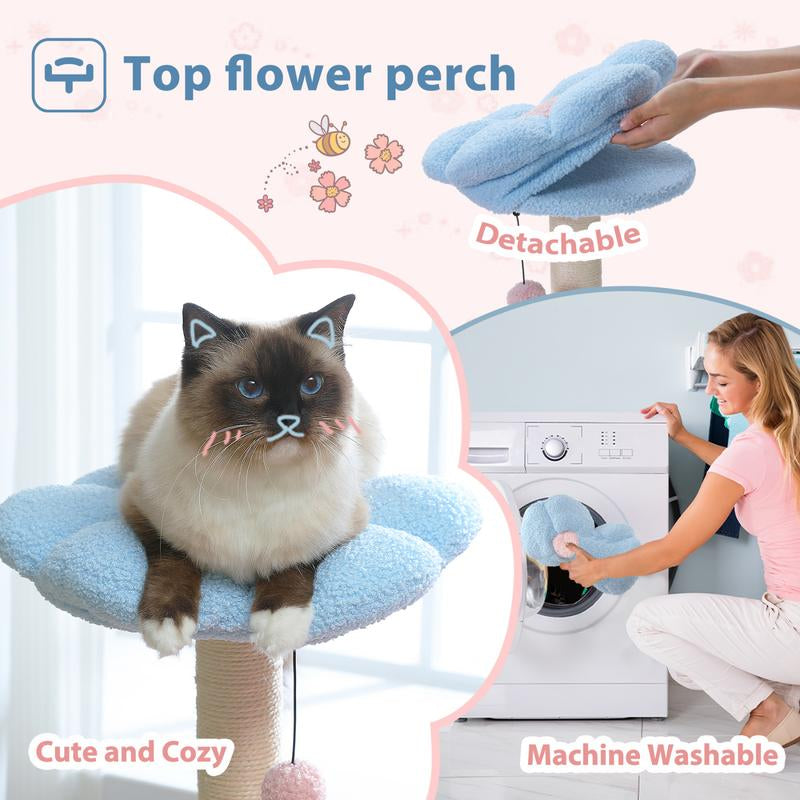 Flower Cat Tree with Large Metal Frame | Cute Cat Tower with Pink Perch & Sisal Scratching Posts | Ideal for Small Indoor Cats