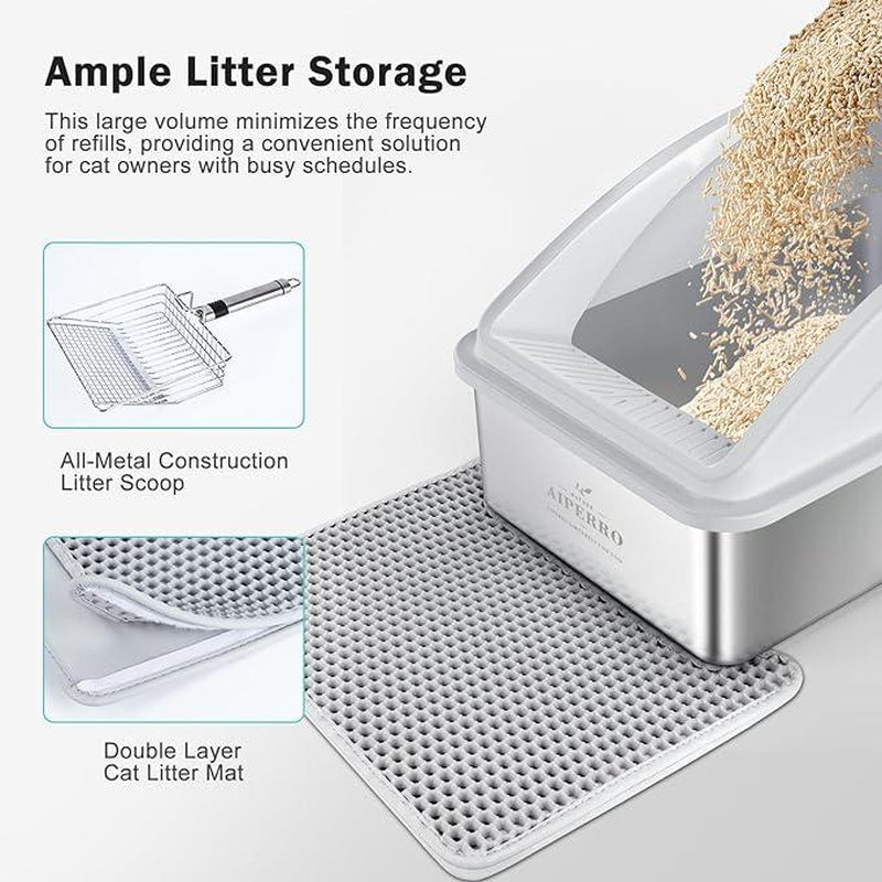 AIPERRO Enclosed Stainless Steel Cat Litter Box with Lid,High Side Cats Toilet Metal Kitten Litter Pan, Pet Cleaning Tool for Big and Small Cats, Rabbits, Splash-Proof and Non-Stick Anti-Urine Leakage Cat Poop Box Odorless, Outdoorfun