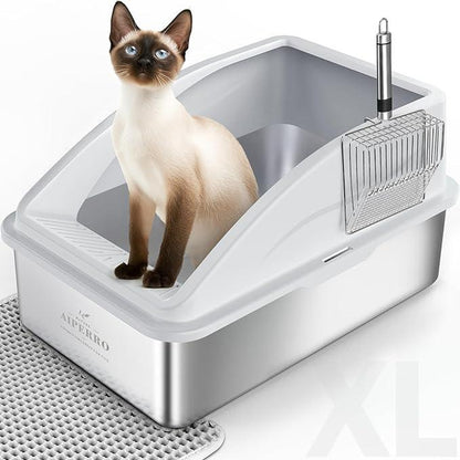 AIPERRO Enclosed Stainless Steel Cat Litter Box with Lid,High Side Cats Toilet Metal Kitten Litter Pan, Pet Cleaning Tool for Big and Small Cats, Rabbits, Splash-Proof and Non-Stick Anti-Urine Leakage Cat Poop Box Odorless, Outdoorfun