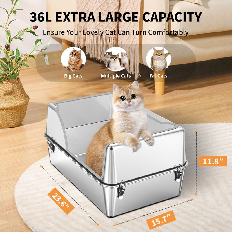 Aothey XL Semi Enclosed Stainless Steel Cat Litter Box with Lid and Scoop,Extra Large,High Sided Design,Odor Control,Easy Cleaning