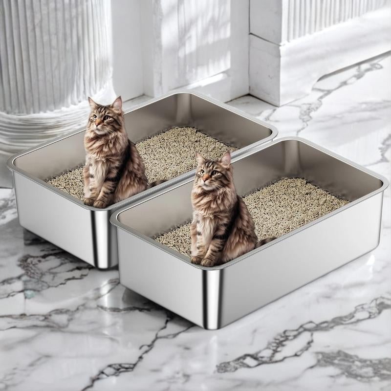 2 Pcs Odor Free Stainless Steel Cat Litter Box with 6“ High Wall Side Easy Clean Long Lasting Durable Modern Cat Toilet Cat Litter Basin Pet Supplies