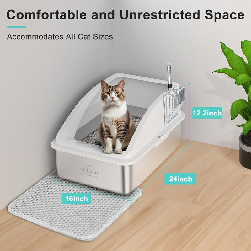 AIPERRO Enclosed Stainless Steel Cat Litter Box with Lid,High Side Cats Toilet Metal Kitten Litter Pan, Pet Cleaning Tool for Big and Small Cats, Rabbits, Splash-Proof and Non-Stick Anti-Urine Leakage Cat Poop Box Odorless, Outdoorfun