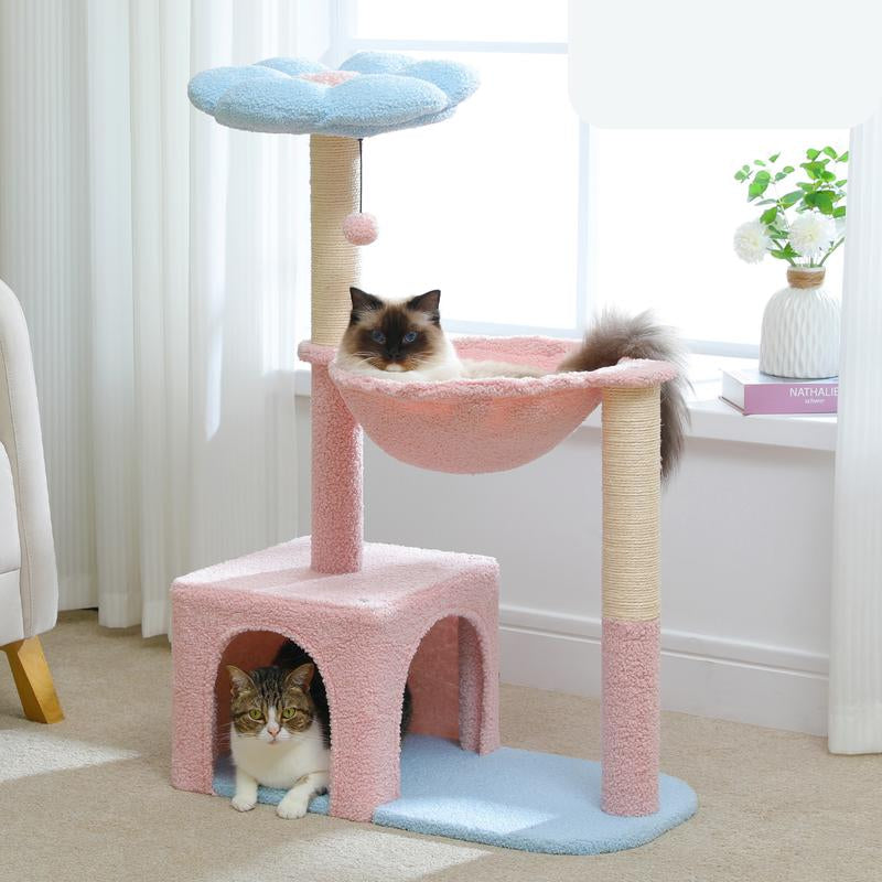 Flower Cat Tree with Large Metal Frame | Cute Cat Tower with Pink Perch & Sisal Scratching Posts | Ideal for Small Indoor Cats