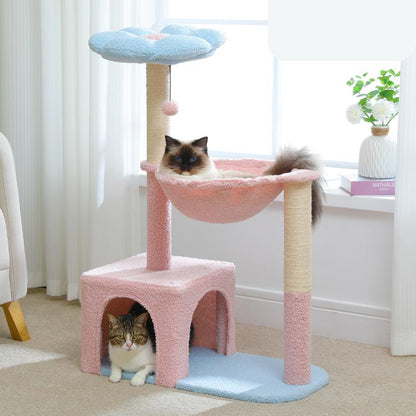 Flower Cat Tree with Large Metal Frame | Cute Cat Tower with Pink Perch & Sisal Scratching Posts | Ideal for Small Indoor Cats