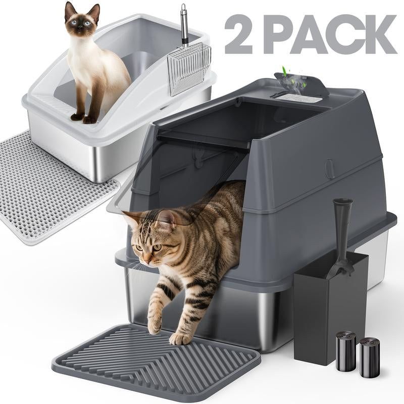 AIPERRO Enclosed Stainless Steel Cat Litter Box with Lid,High Side Cats Toilet Metal Kitten Litter Pan, Pet Cleaning Tool for Big and Small Cats, Rabbits, Splash-Proof and Non-Stick Anti-Urine Leakage Cat Poop Box Odorless, Outdoorfun