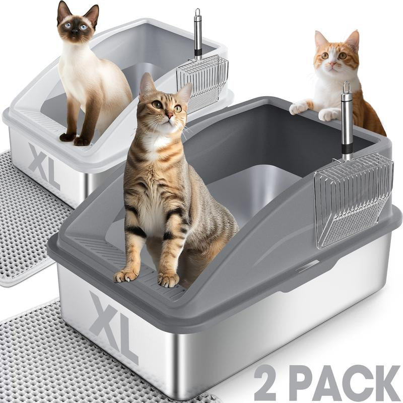AIPERRO Enclosed Stainless Steel Cat Litter Box with Lid,High Side Cats Toilet Metal Kitten Litter Pan, Pet Cleaning Tool for Big and Small Cats, Rabbits, Splash-Proof and Non-Stick Anti-Urine Leakage Cat Poop Box Odorless, Outdoorfun