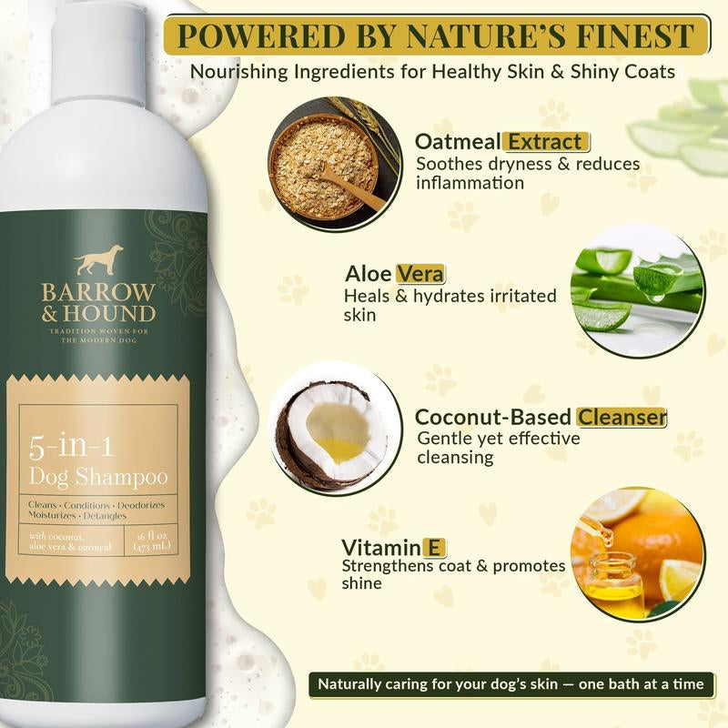 5-In-1 Dog Shampoo – Cleans, Conditions, Deodorizes, Moisturizes & Detangles – with Coconut, Oatmeal & Aloe – for Sensitive Skin – 16 Fl Oz